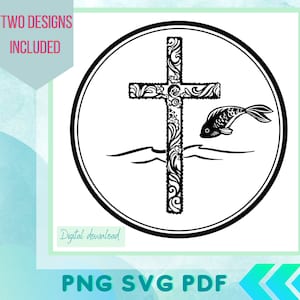 ocean theme Christian cross with wave circle svg png pdf, great wave Kanagawa inspired with koi fish cut file for tshirt vinyl decal design.