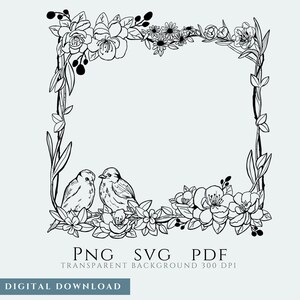 Romantisch paar vogels pioenroos krans, png svg pdf, downloaden en afdrukken, kleur huwelijksjubilea kaart.