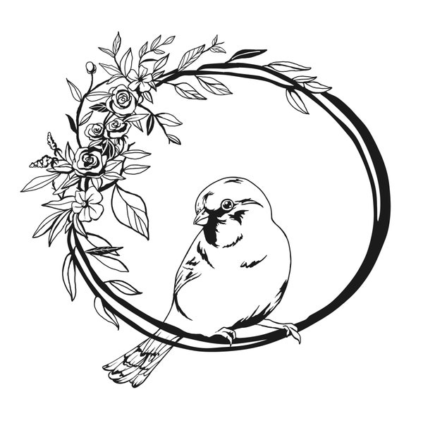 Sparrow Bird sitting on wreathe with florals spring lineart, design print for coloring page, card making, wedding invites PNG SVG  download.