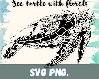 Sea turtle with floral flowers swimming sea turtle artwork SVG PNG digital download for card making decal design cut file for cutting vinyl