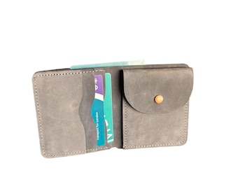 Leather Bifold Wallet: Coin, Card, and Note Slots,Grey