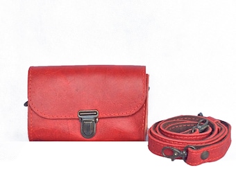 Red Leather Belt Bag: Adjustable Strap Travel Purse