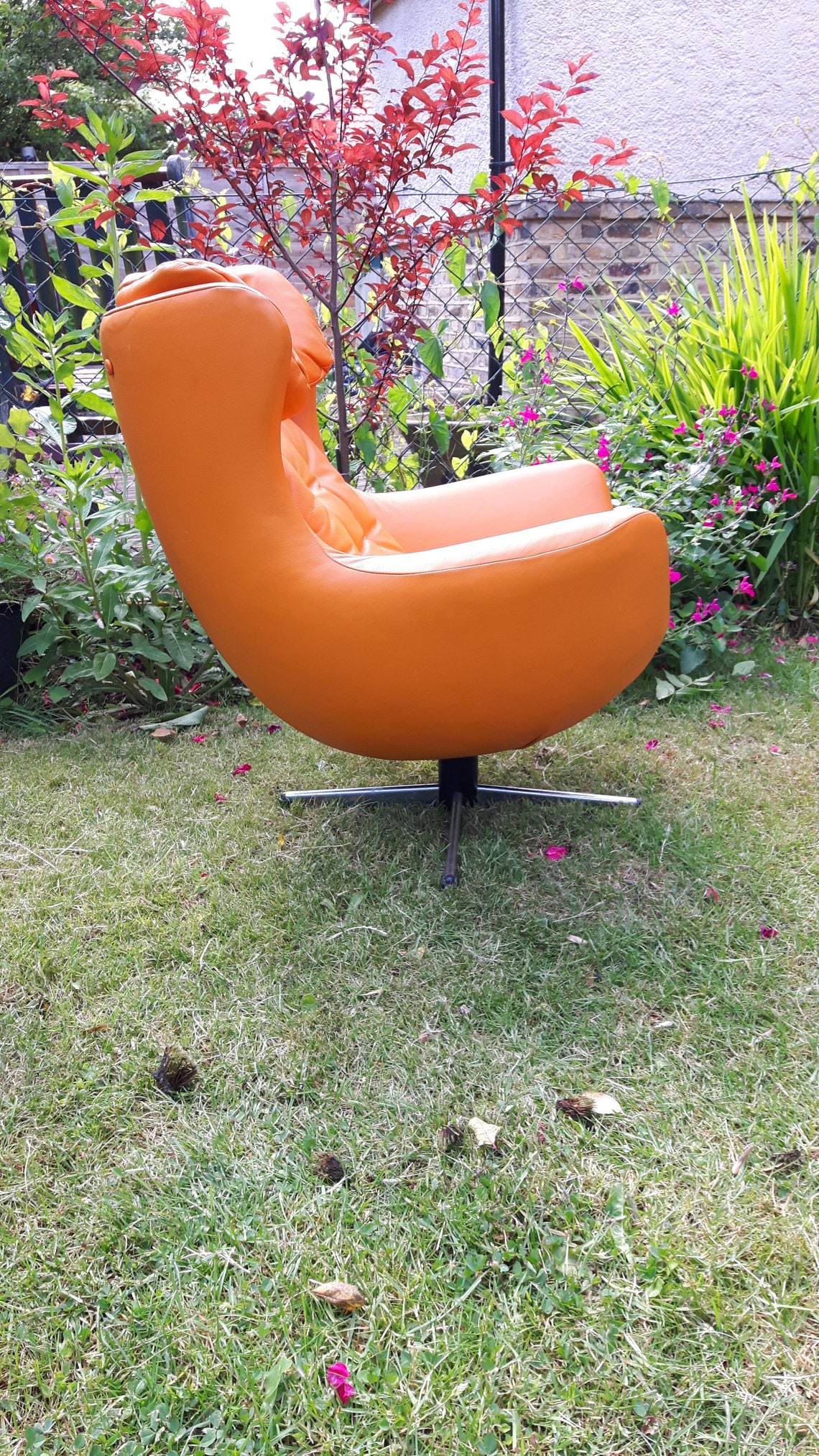 Baby Egg Chair Vintage 1960's Orange Leather Reupholstered Parker
