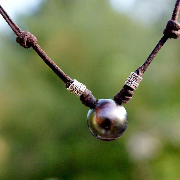 Perle de tahiti, Collier homme, perles argent cuir naturel australien , fermoir perle argent 925