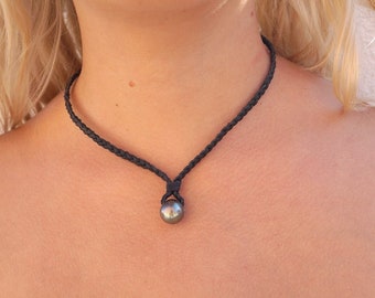Big Tahitian pearl, braided black  australian leather, woman necklace, tahitian pearl as clasp