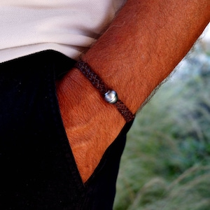 Echte Tahitiaanse parel, Australisch gevlochten leer, herenarmband, Tahitiaanse parelsluiting
