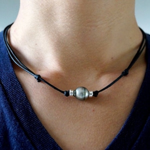Tahitian pearl, silver beads, australian leather, men necklace adaptable