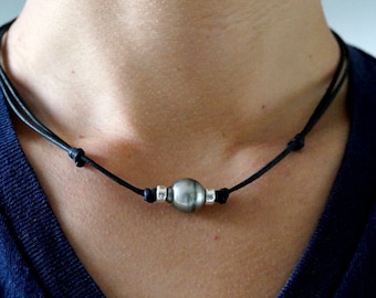 Tahitian pearl, sterling silver beads, australian leather, men necklace ajustable - Rohan