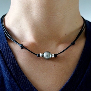 Tahitian pearl, silver beads, australian leather, men necklace adaptable