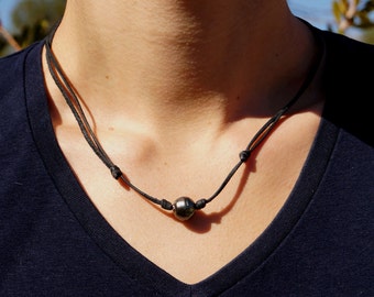 Perla genuina de Tahití, collar adaptable, cuero australiano, collar de hombre,