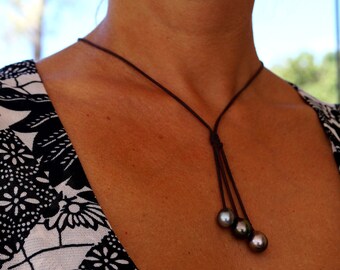 3 Tahitian pearls, australian leather, woman necklace, tahitian pearl as clasp
