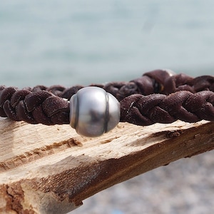 Perle di Tahiti, pelle intrecciata, bracciale da uomo, pelle australiana, chiusura in perla d&#39;argento