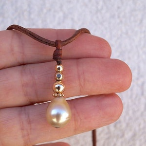 Golden Australian pearl, gold filled  14K beads, Australian leather woman necklace