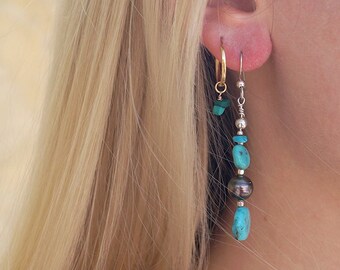 Tahitian pearl, turquoise stone, sterling silver 925 beads, woman earrings