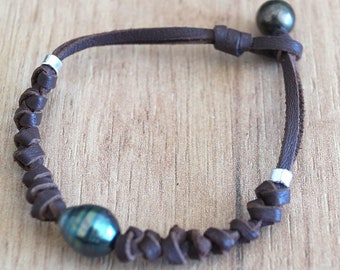 Tahitian pearl,  australian leather, men bracelet, silver 925 clasp - Henry