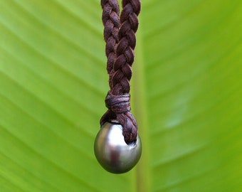 Peacock tahitian pearl,  braided leather, men chocker,  australian natural leather, tahitian pearl as clasp