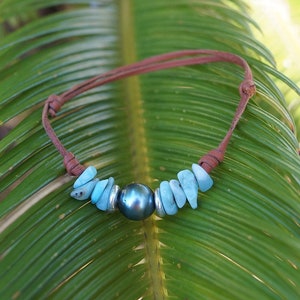 Tahitian pearl, larimar beads, sterling silver 925 ,women adjustable bracelet, hand rolled leather