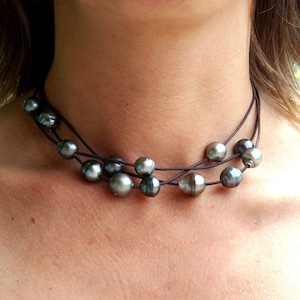 Tahitian pearls, australian leather, woman necklace, tahitian pearl as clasp