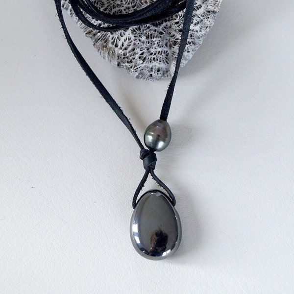 Perle de Tahiti, pendentif hématite, cuir australien, collier coulissant homme