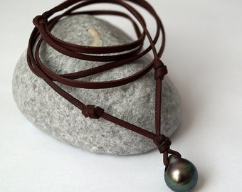 Perle de Tahiti,  cuir australien, collier homme, coulissant- Hélios