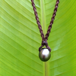 Tahitian pearl, braided black  australian leather, woman necklace - Dana