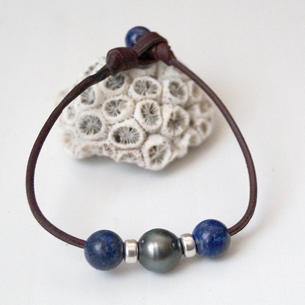 Perle  de Tahiti, bracelet homme, cuir australien, perles lapis lazuli et argent 925
