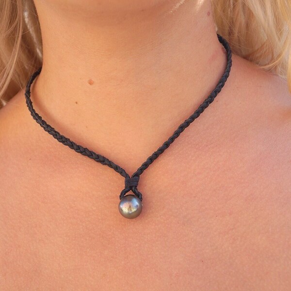 Perle de tahiti, cuir tressé noir australien, collier femme, fermoir perle tahitit