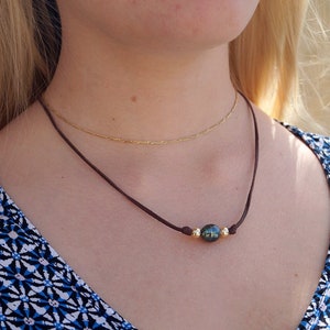 Tahitian pearl, necklace gold platted beads,  australian leather, claps godl 14k women necklace