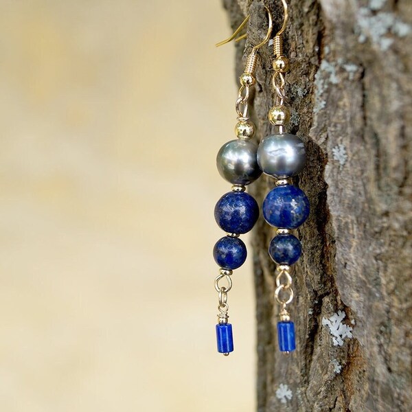 Boucle oreille, Perle de tahiti, Lapis lazuli, plaqué or,  boucle oreille