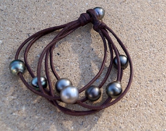 Tahitian pearls, mult rang bracelet, australian leather, woman bracelet - Orphea