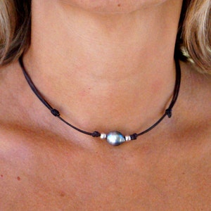 Tahitian pearl, necklace and bracelet, silver 925 beads, adjustable australian leather, women necklace