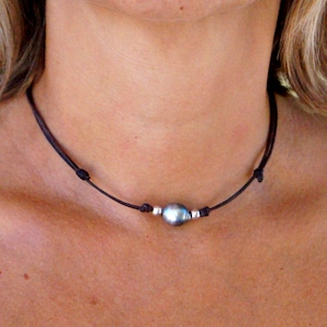 Tahitian pearl, necklace and bracelet, silver 925 beads, adjustable australian leather, women necklace