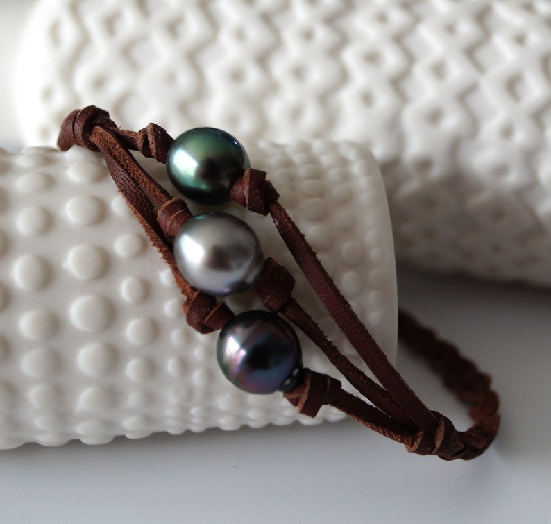 Tahitian pearl braided australian leather silver beads women bracelet silver 925 as clasp