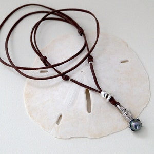 Tiki pendant rhodium-plated silver925, tahiti pearl, australian leather, adjustable woman jewel