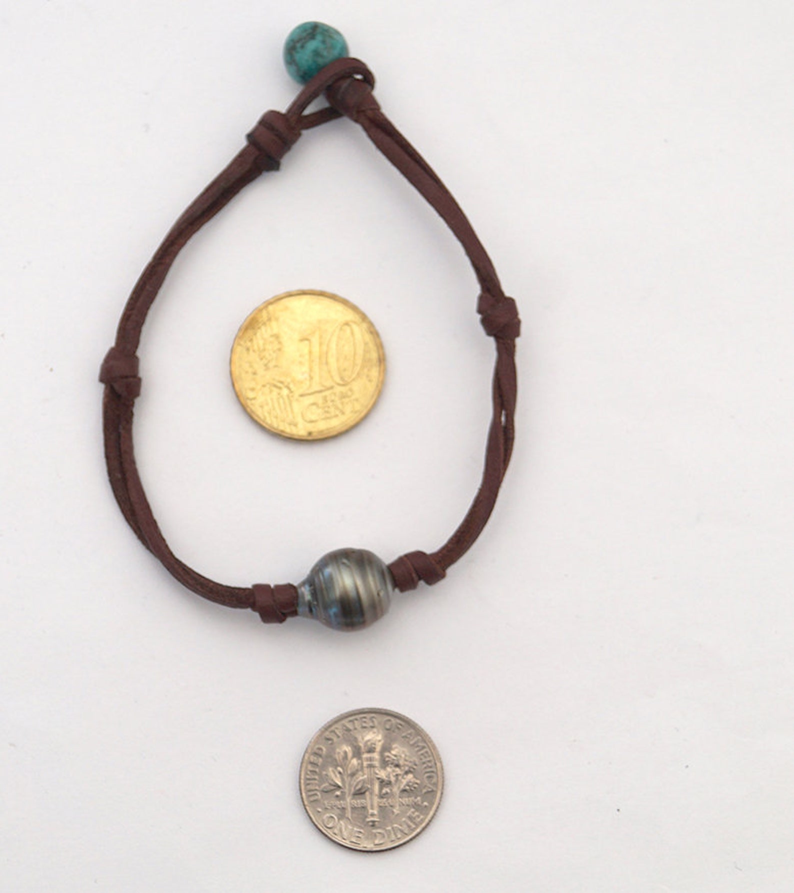 Tahitian Pearl, Man Bracelet, Hand Rolled Leather, Turquoise as Clasp ...