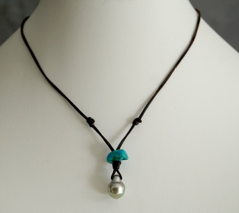 turquoise pendant Tahitian pearl australian leather woman jewel woman necklace