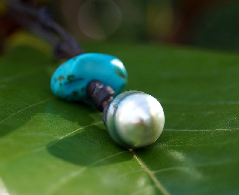 turquoise pendant Tahitian pearl australian leather woman jewel woman necklace