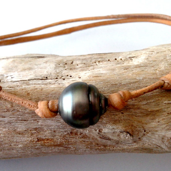 Perle de tahiti véritable, bracelet adaptable pour femme, cuir australien,   cuir naturel coulissant