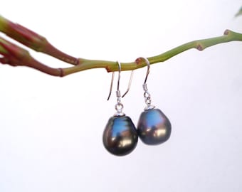 Tahitian pearl, woman earring, silver sterling, australian leather