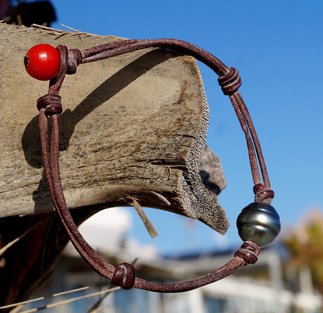 Tahitian Pearl Man Bracelet Hand Rolled Leather Coral - Etsy