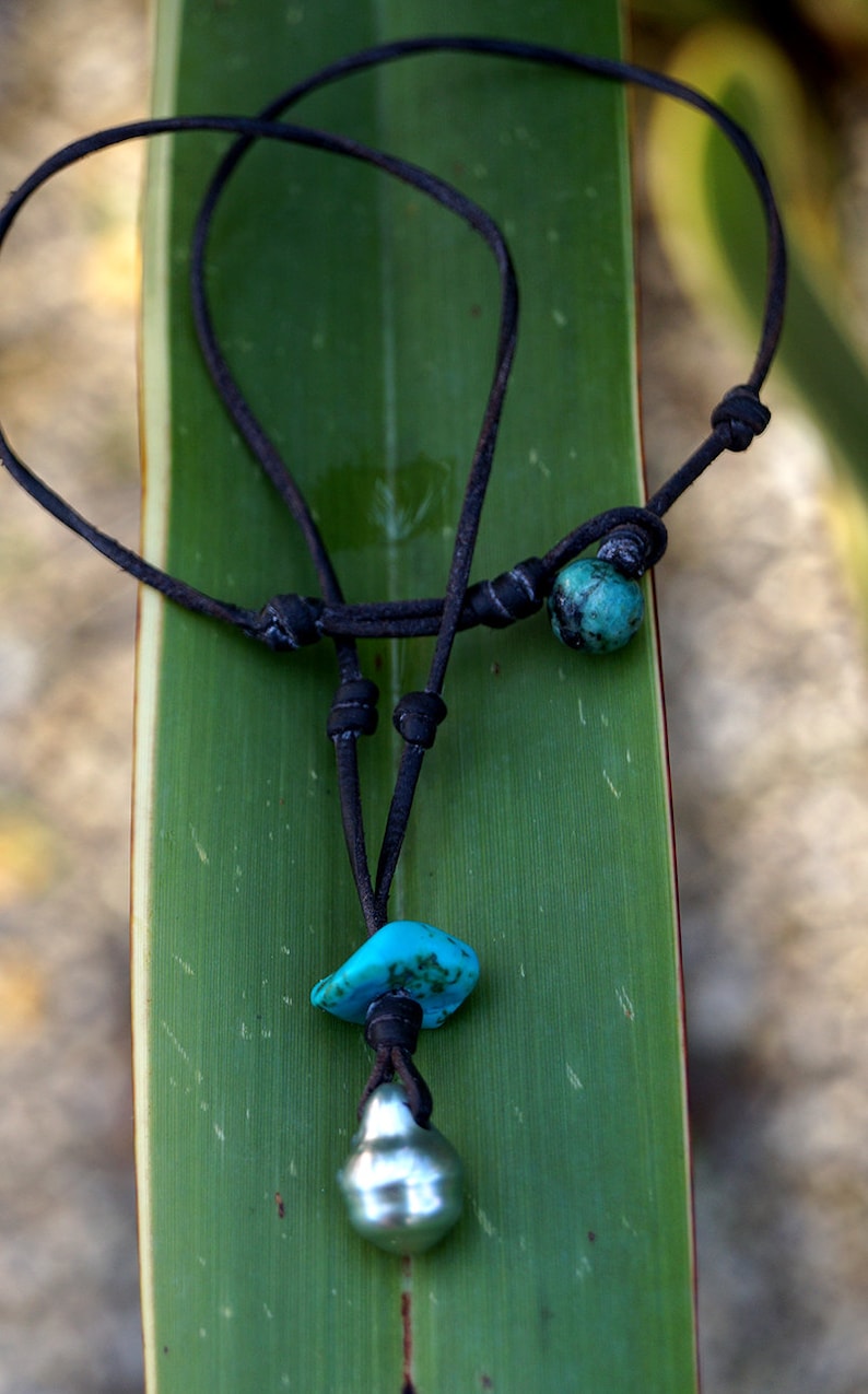 turquoise pendant Tahitian pearl australian leather woman jewel woman necklace