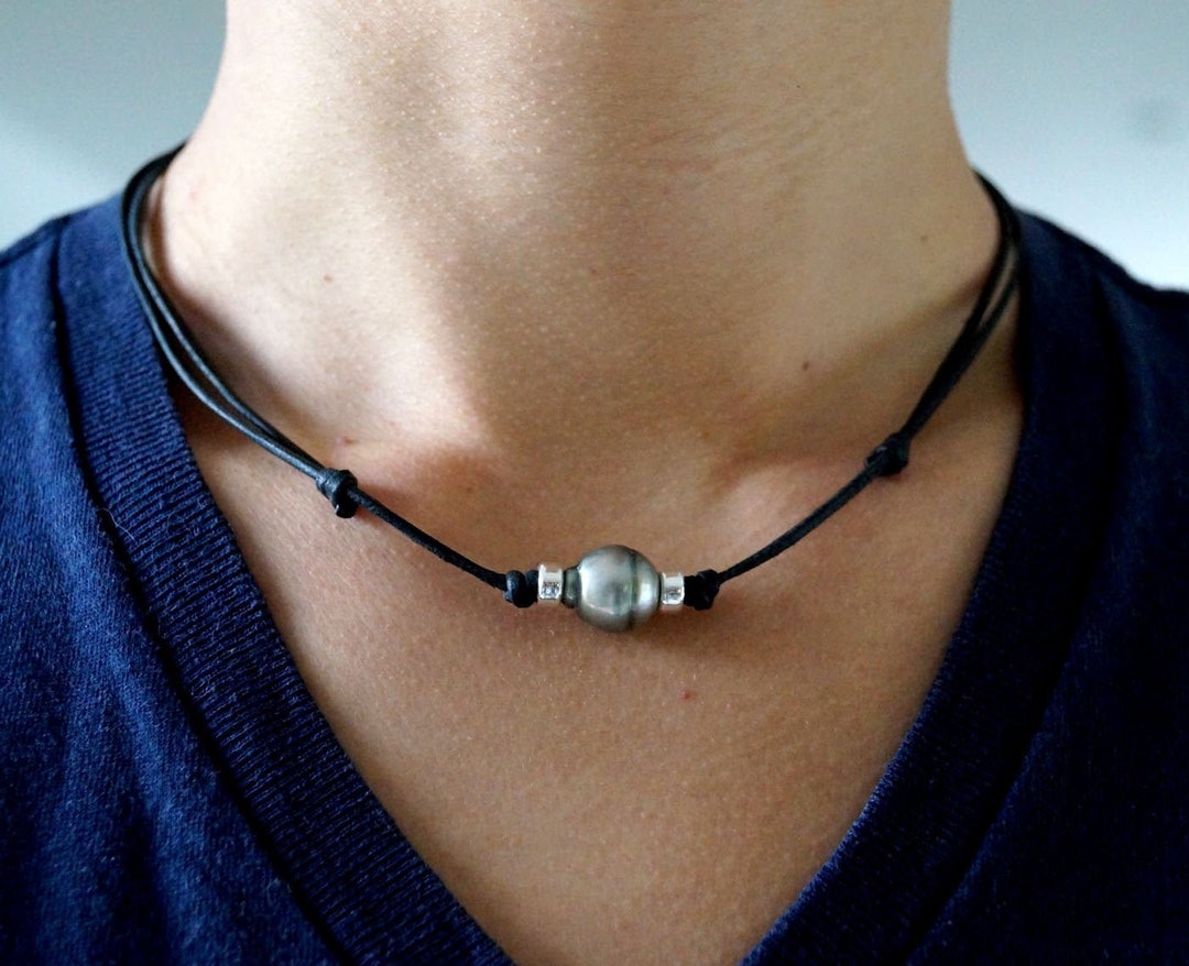Tahitian Pearl, Sterling Silver Beads, Australian Leather, Men Necklace ...