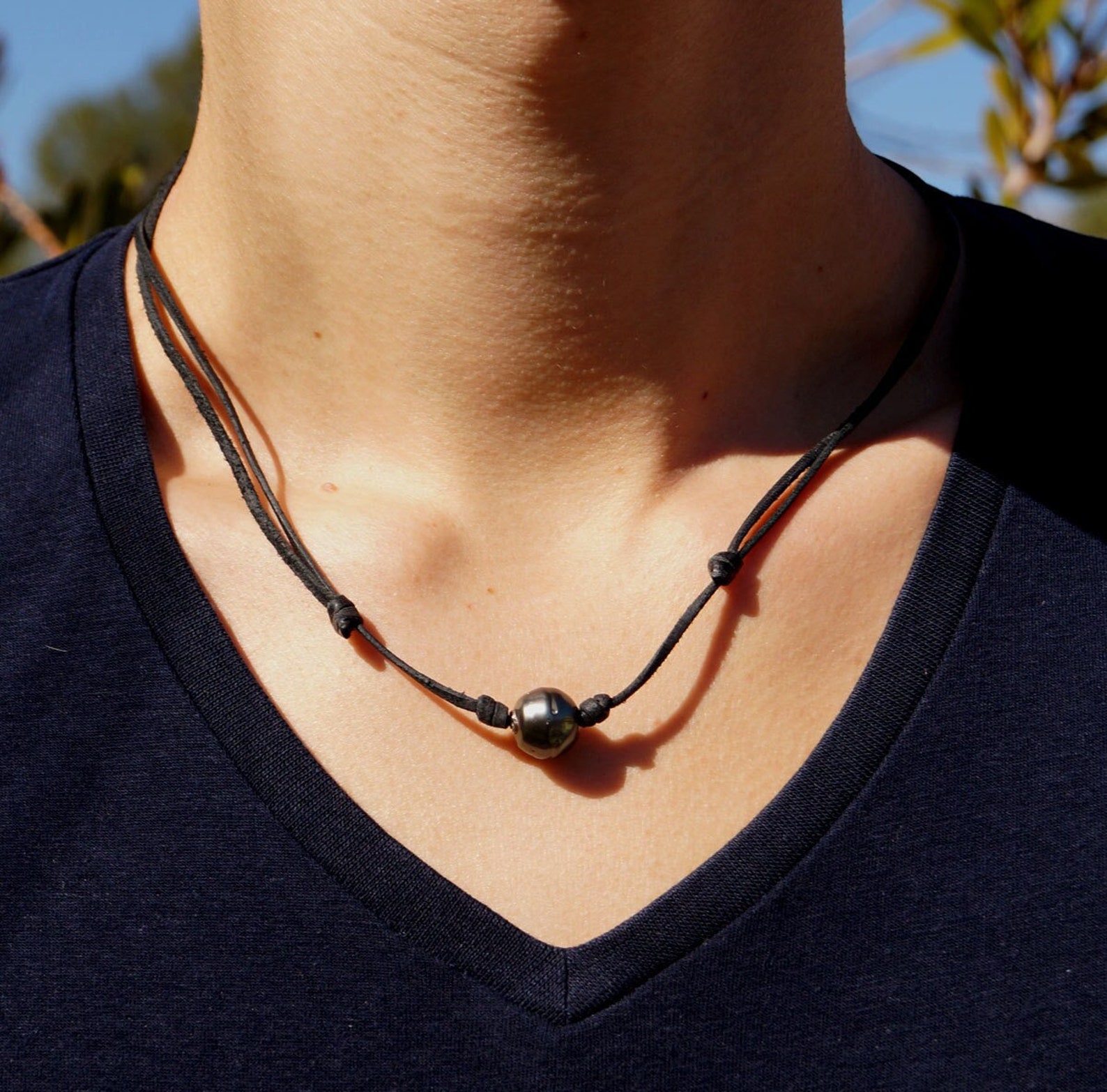 Tahitian Black Pearl,australian Leather, Adaptable Men Necklace - Etsy