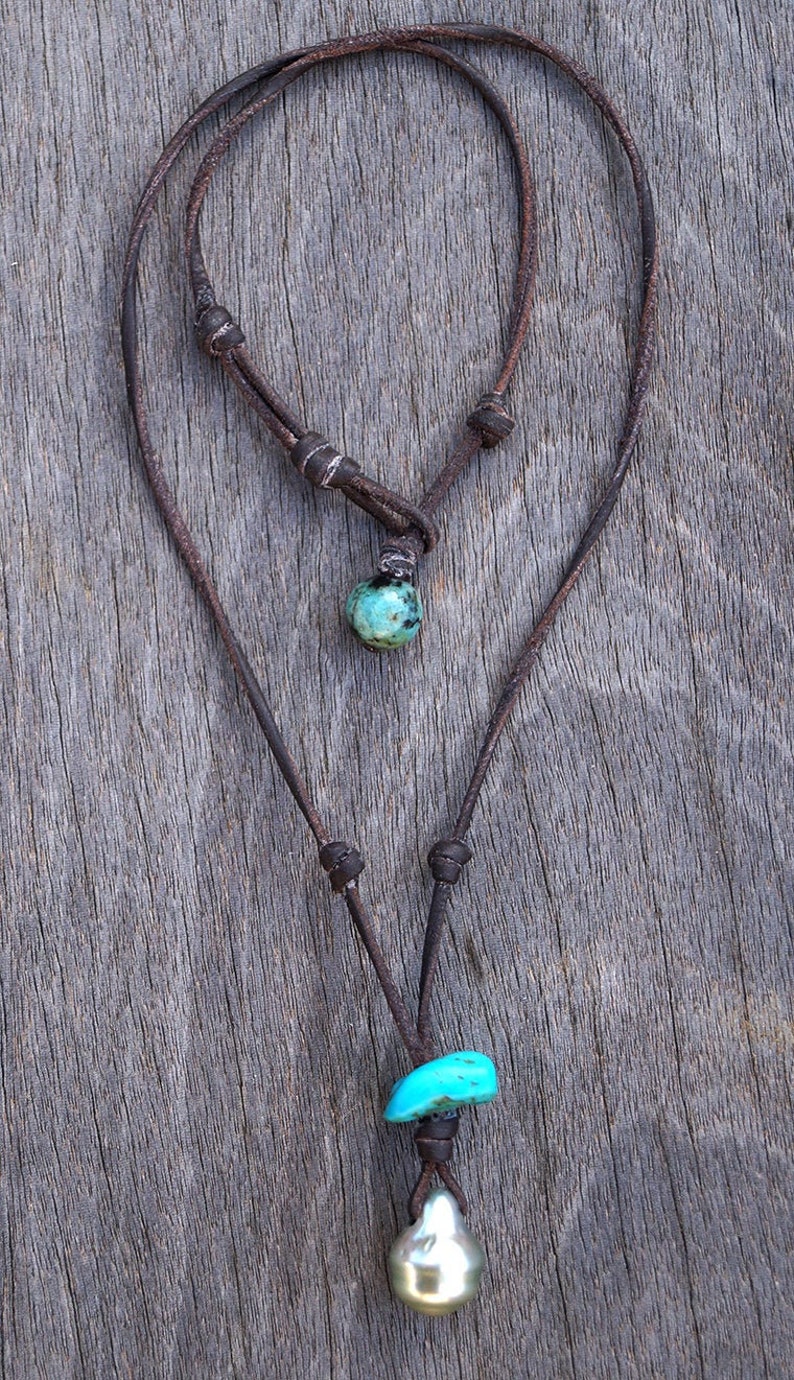 turquoise pendant Tahitian pearl australian leather woman jewel woman necklace