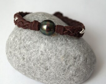 Bracelet En Perles De Tahiti Et Argent 925 Sur Cuir Australien - Perla Mundi - Neuf Avec étiquettes