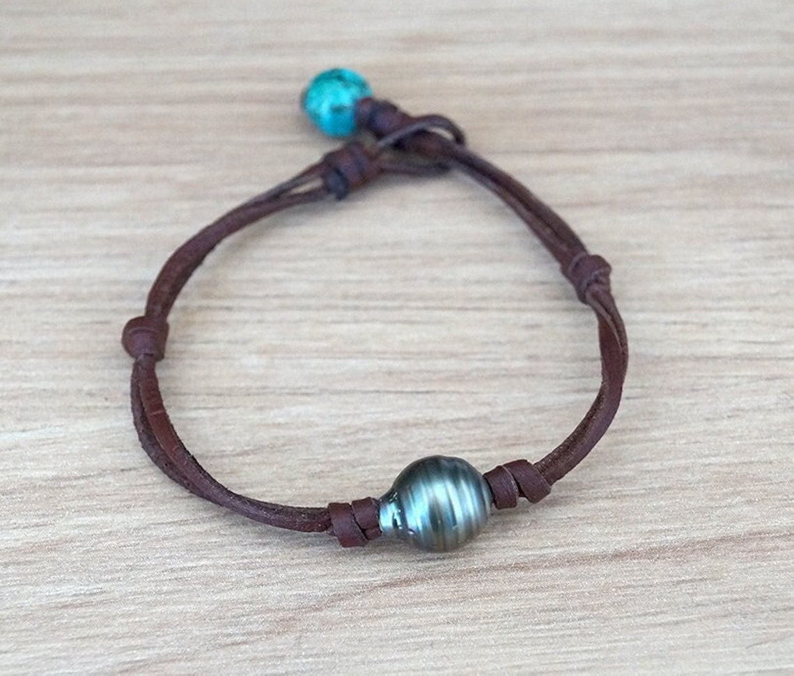 Tahitian Pearl, Man Bracelet, Hand Rolled Leather, Turquoise as Clasp ...