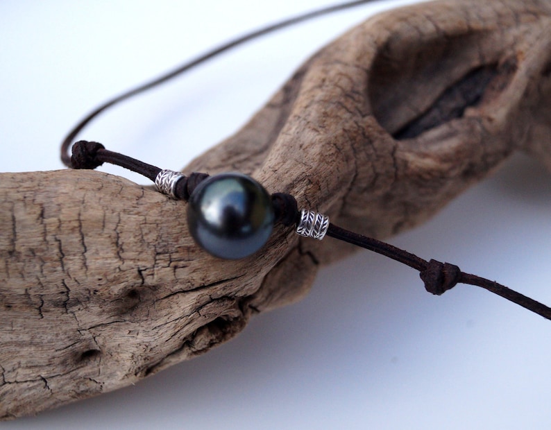 Perle de tahiti Collier homme perles argent cuir naturel | Etsy