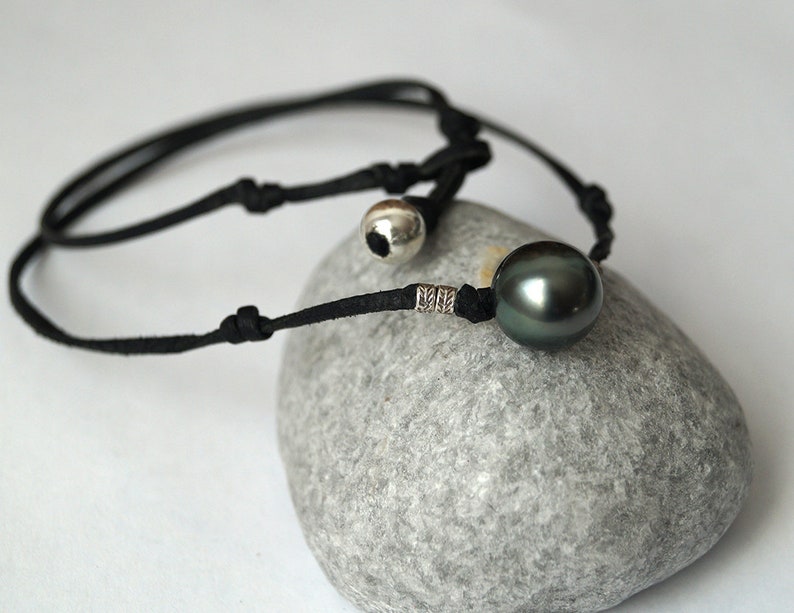 Perle de tahiti Collier homme perles argent cuir naturel | Etsy