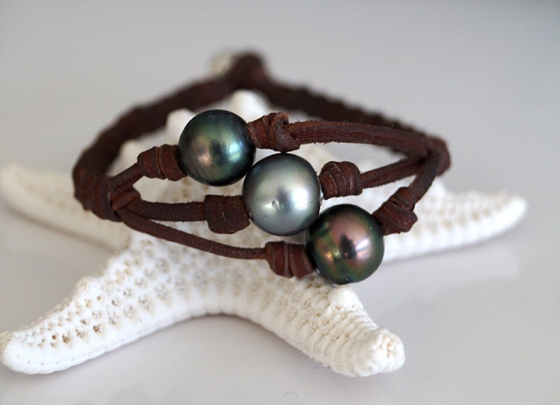 Tahitian pearl braided australian leather silver beads women bracelet silver 925 as clasp