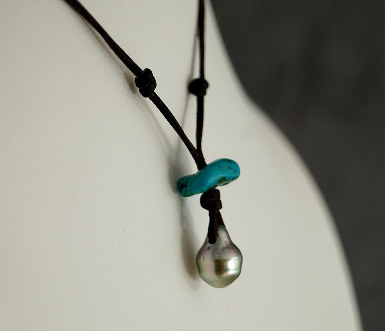 turquoise pendant Tahitian pearl australian leather woman jewel woman necklace